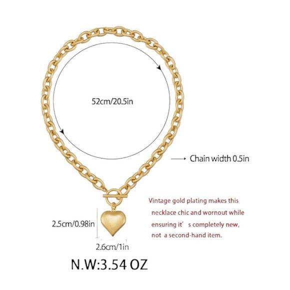18K Gold Plated Puffy Heart Pendant Necklace Chunky Gold Chain Toggle Close - Picture 3 of 4
